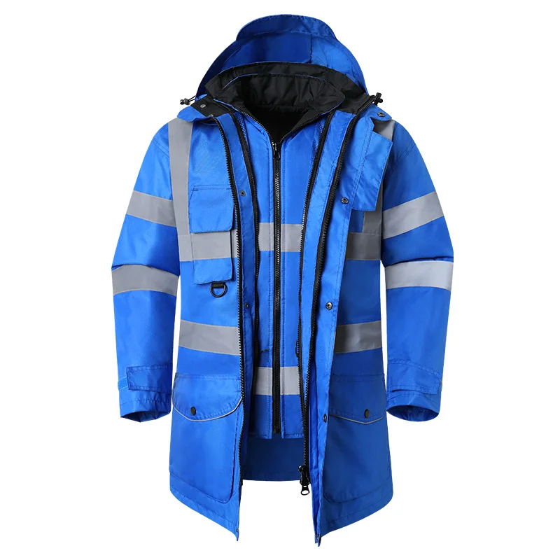 High Visibility Rain Jacket Coat GSS 6013 Blue Hi-Viz Hooded Rain Coat