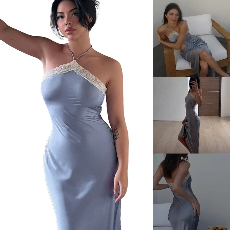 

Women's Halter Lace Satins Maxi Dress Cocktail Evening Party Dress Summer Dress P8DB