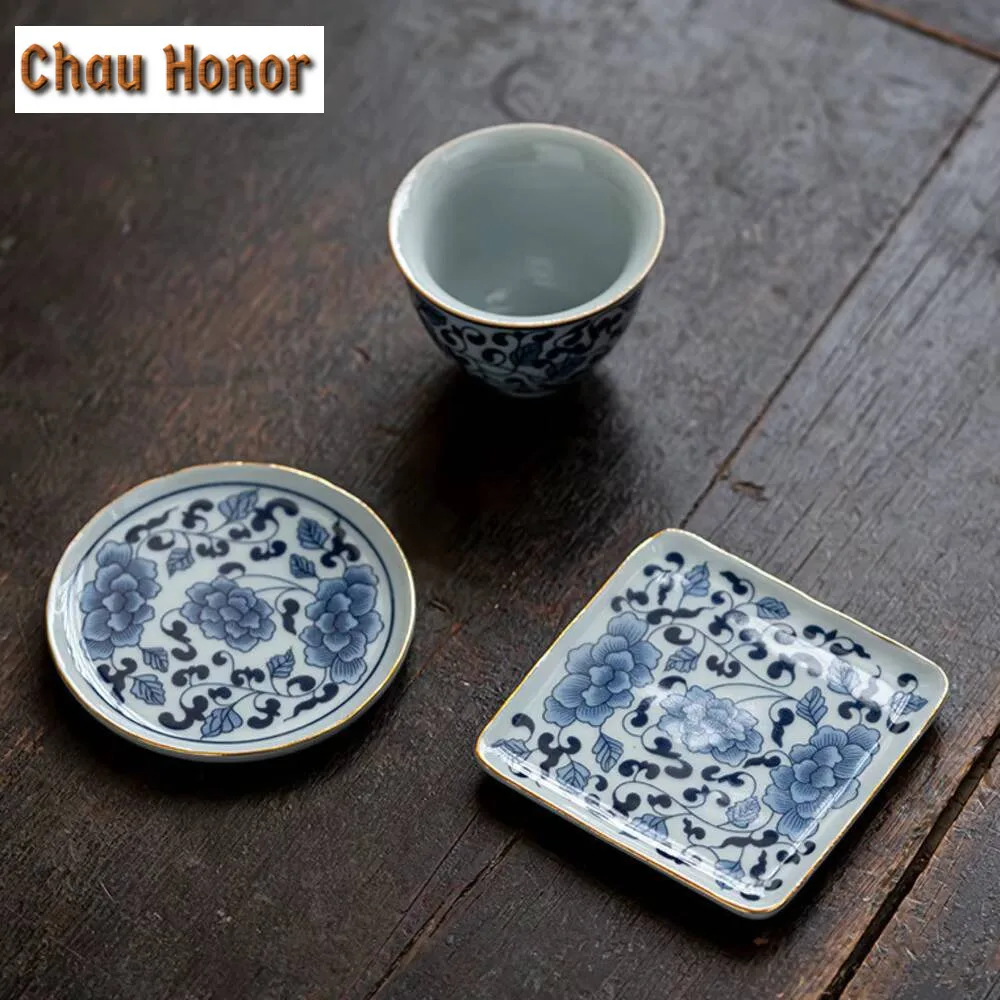 2pc/set Peony Blue and White Porcelain Teacup Entangled Branch Lotus Master Cup Household High-end Cup Coaster Kung Fu Teaware