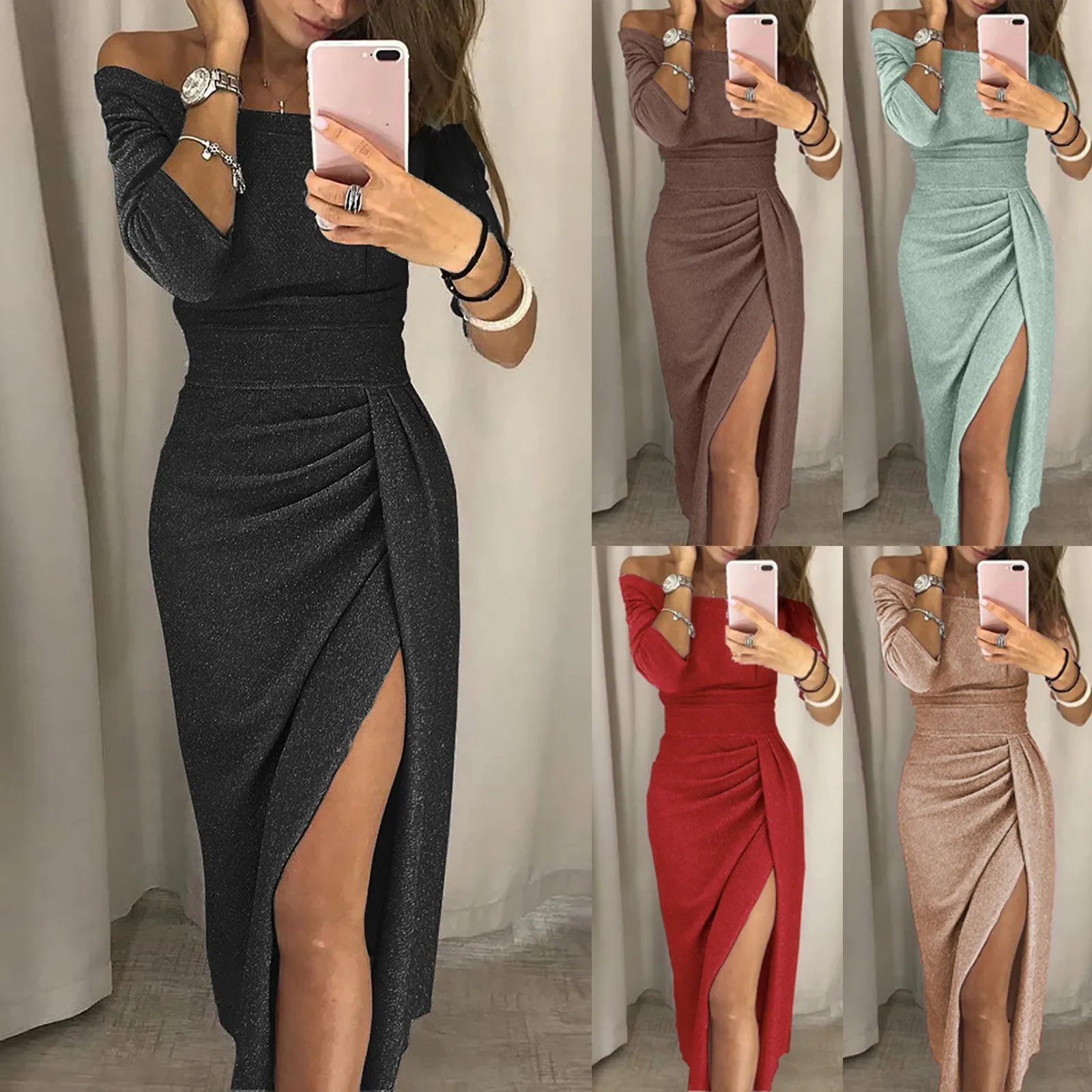 

Women's Dress Long Sleeve Party Dress Fashion Sexy Strapless High Slit Tight Dress Half