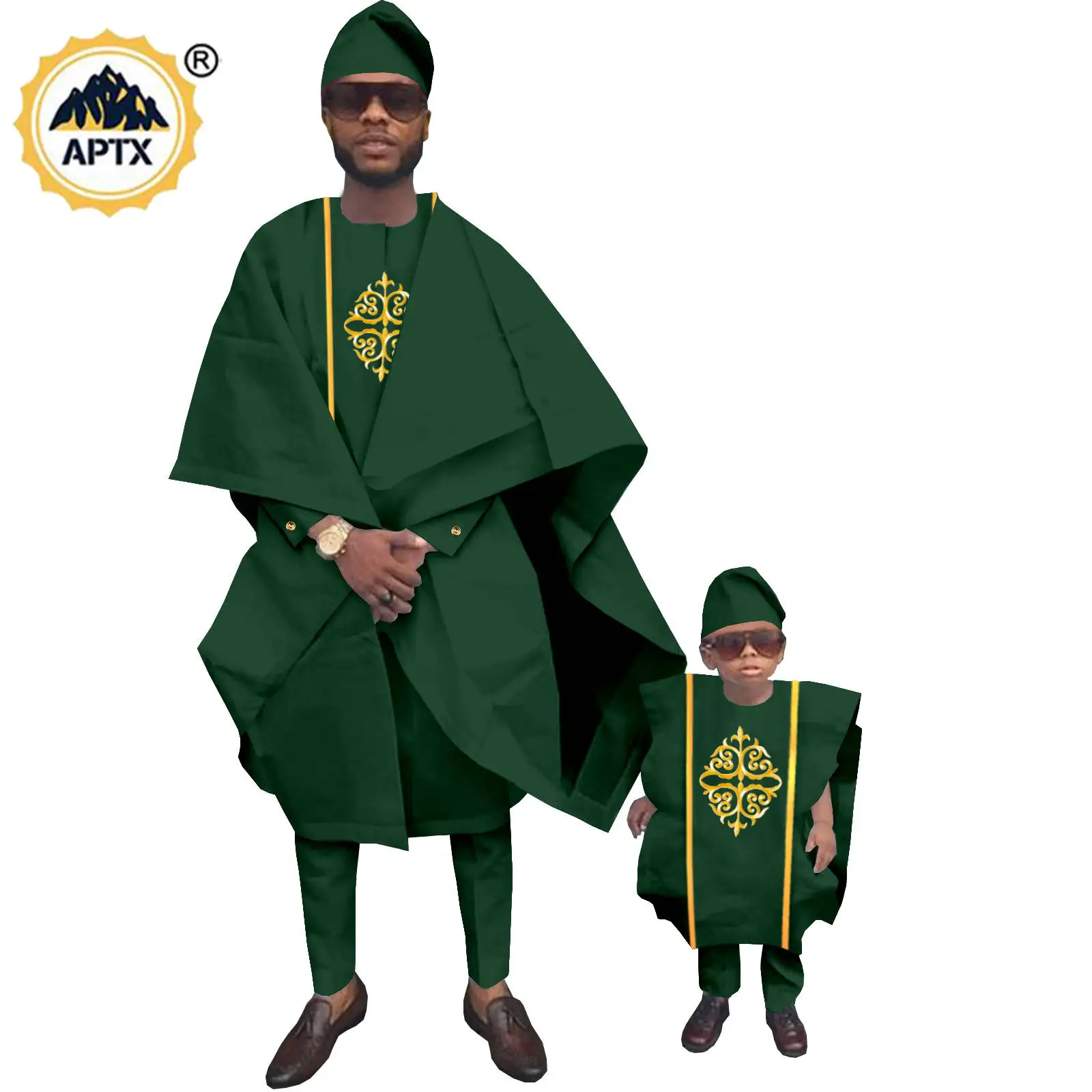 African Men Clothes Dashiki Family Outfits Father and Son 3 Pieces Agbada Hat Robe Top and Pant Sets Bazin Children Suits 24F006