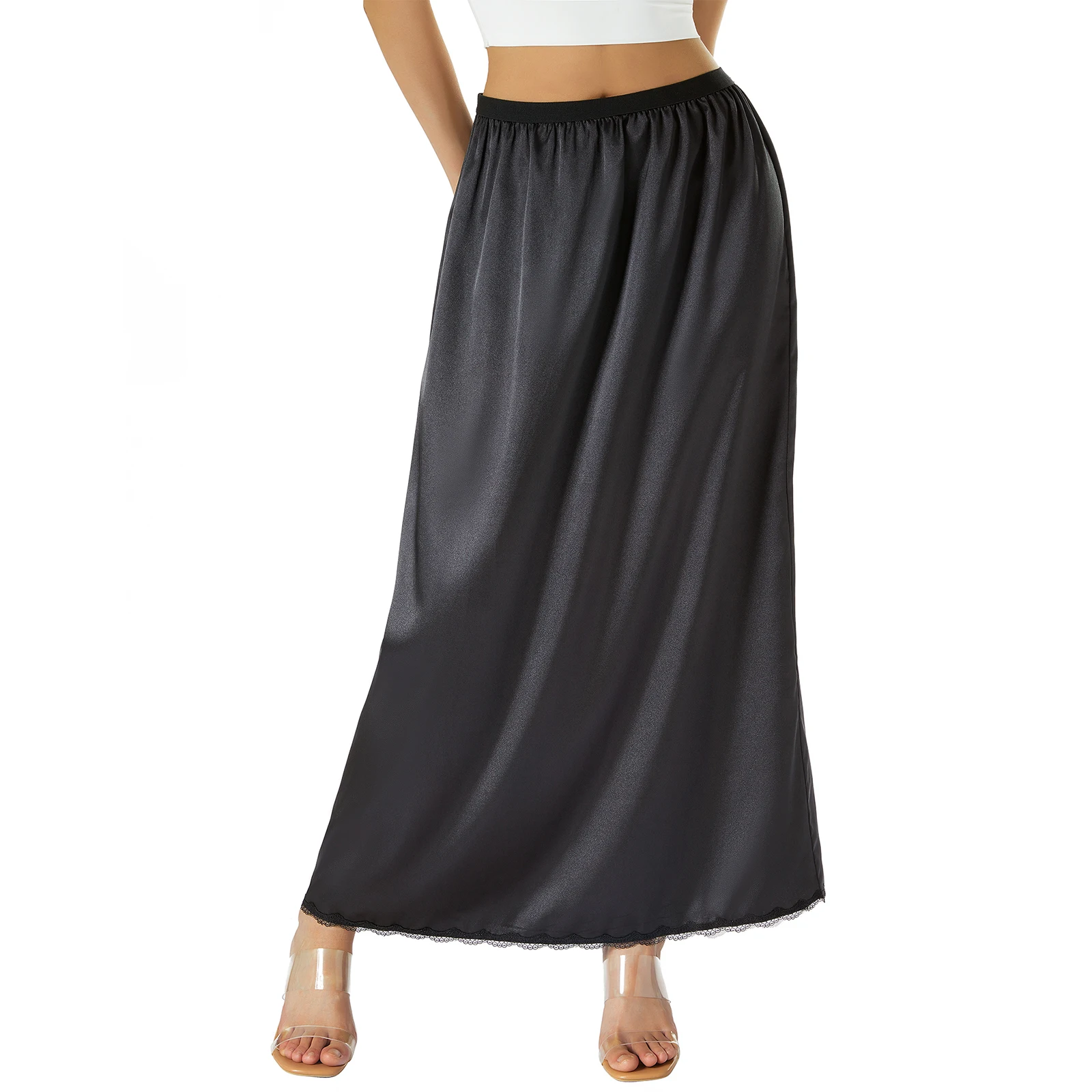 Oyamiki Gonna da donna in raso a vita alta con volant, fascia elasticizzata nascosta, gonna estiva svasata setosa fluente lunga a trapezio midi, blu navy, S