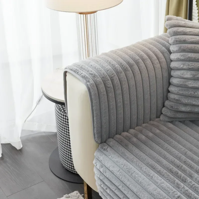 Super Soft Rabbit Plush Quilted Sofa Towel Winter Warm Thick Plush Couch Cover L-shaped Sectional Anti-slip Sofa Cover 3