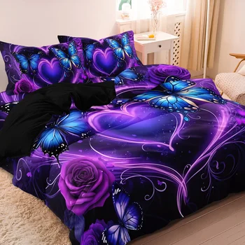  3pcs Purple Dreamy Heart Rose Butterfly Duvet Cover Set,High-Definition Print Suitable Bedroom, Dormitory Hotel Bed Decoration 1