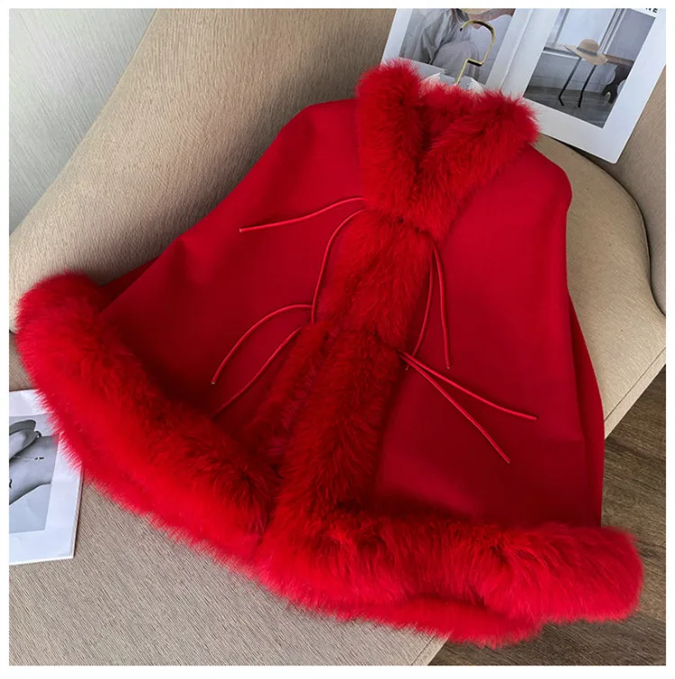 Warme Winterumhänge für Damen, Übergröße, Fledermausärmel, Poncho, 100 % Wollschals mit echtem Fuchspelzbesatz, luxuriöse Wraps – Detail 30