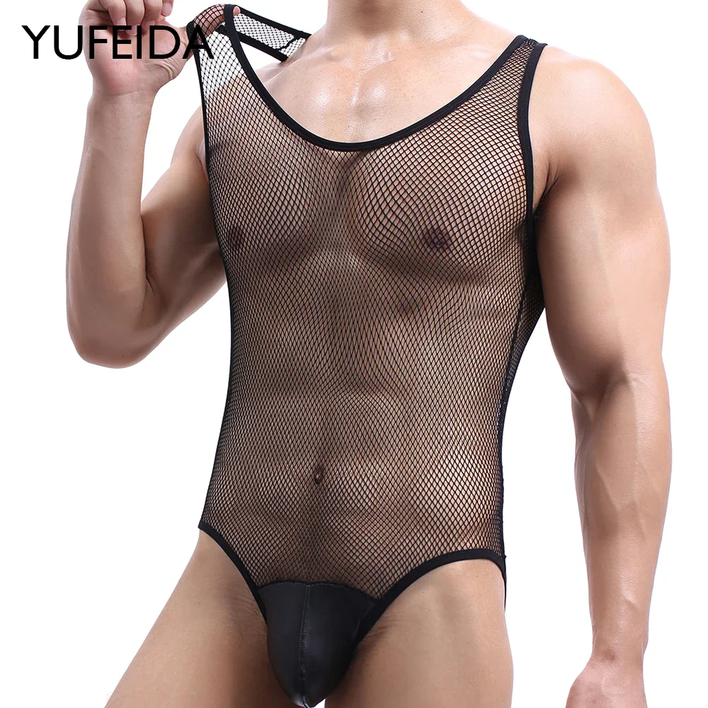 YUFEIDA Men Erotic See Through Fishnet Sleeveless Bodysuit Sexy Mesh Transparent Bodysuits Gay Sexy Fish Net Undershirt Jumpsuit sexy see through mesh rhinestones women s jumpsuit spring sleeveless elegant skinny rompers black white red party club bodysuits