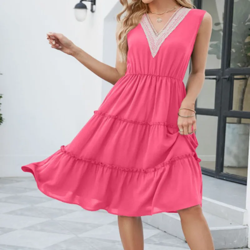 

Summer V-neck lace patchwork high waisted large hem A-line skirt sleeveless loose temperament dress