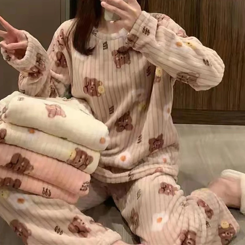 

ITOOLIN Autumn Women Thicken Warm Fleece Set Cartoon Printed Cute Pajama Set Tops And Pants Velvet For Women 2 Piece Sets 2023