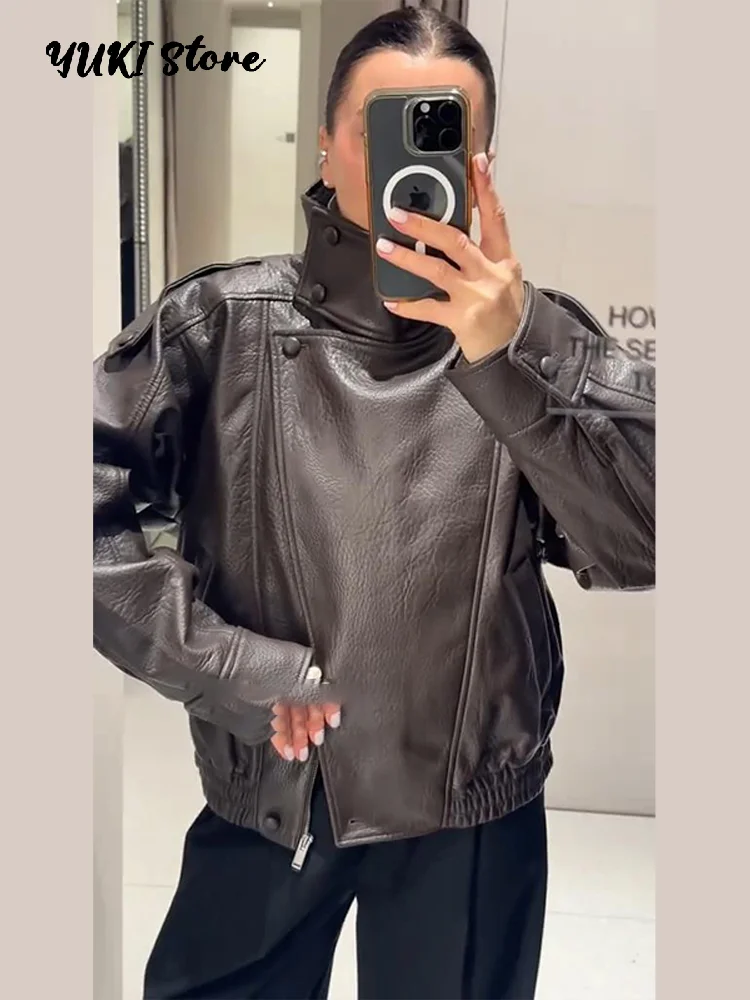 เสื้อแจ็คเก็ตหนังแฟชั่นสตรีท ฤดูใบไม้ร่วง 2026 สีน้ำตาล