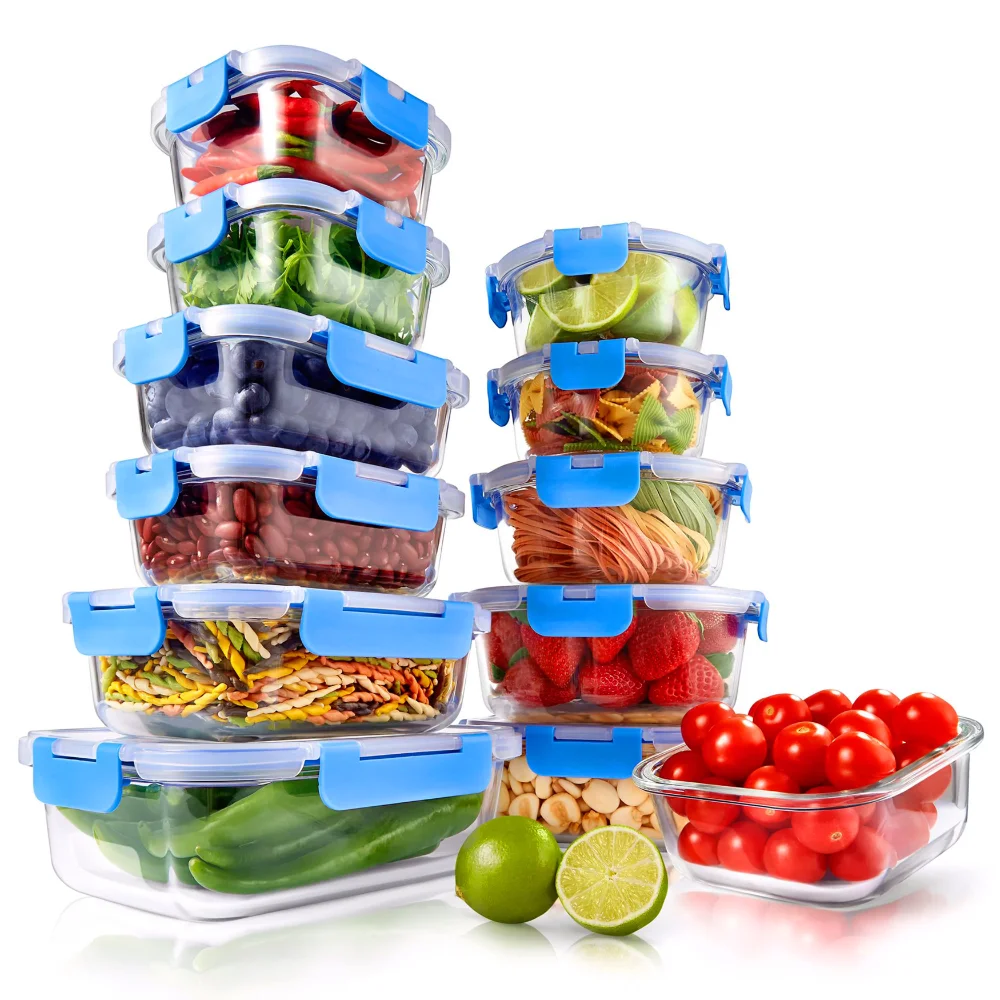 

NutriChef 24 Piece Superior Glass Food Storage Set, Locking Hinge Red Lids