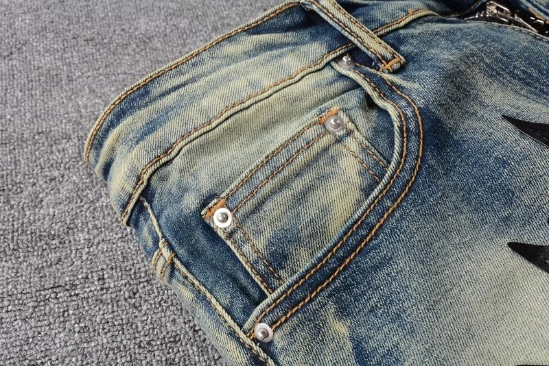 cargo jeans America Jeans Male blue Orange star Leather Patchwork Jeans Hole Repair Streetwear Jean Homme Ripped Jean Men Motorcycle Pant cargo jeans for men