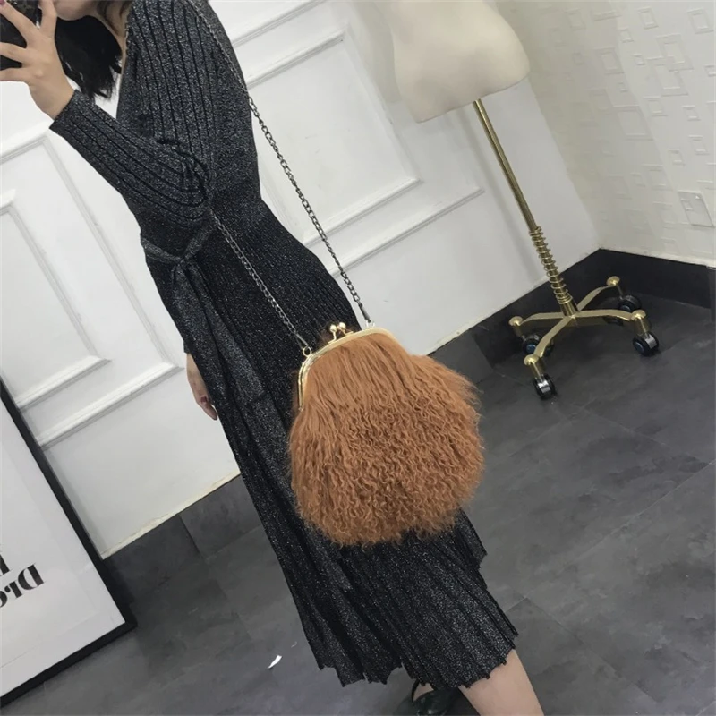 Ladies Fashion Fur Bag Luxury Rolled Wool Shoulder Bag Metal Chain Embellished Large Capacity Fur Crossbody Bag