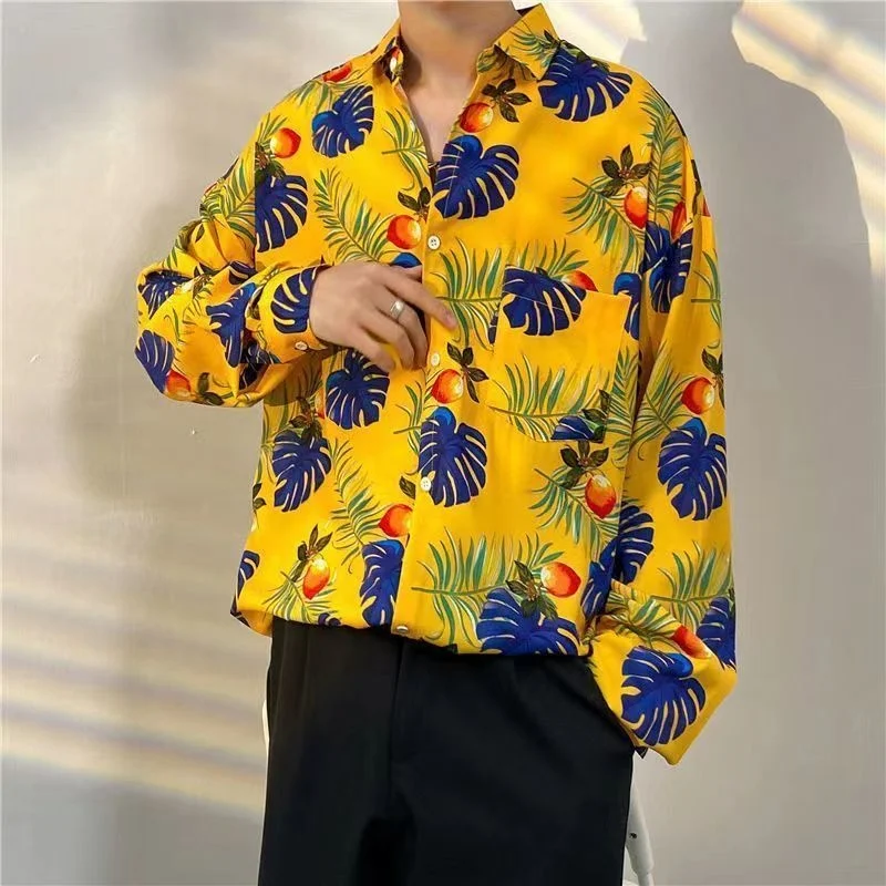 Korean Version Mens Vintage Long Sleeve Dress Shirt Trend Couple Hawaiian Loose Flower Print Blouses Shirt Mens Designer Clothes