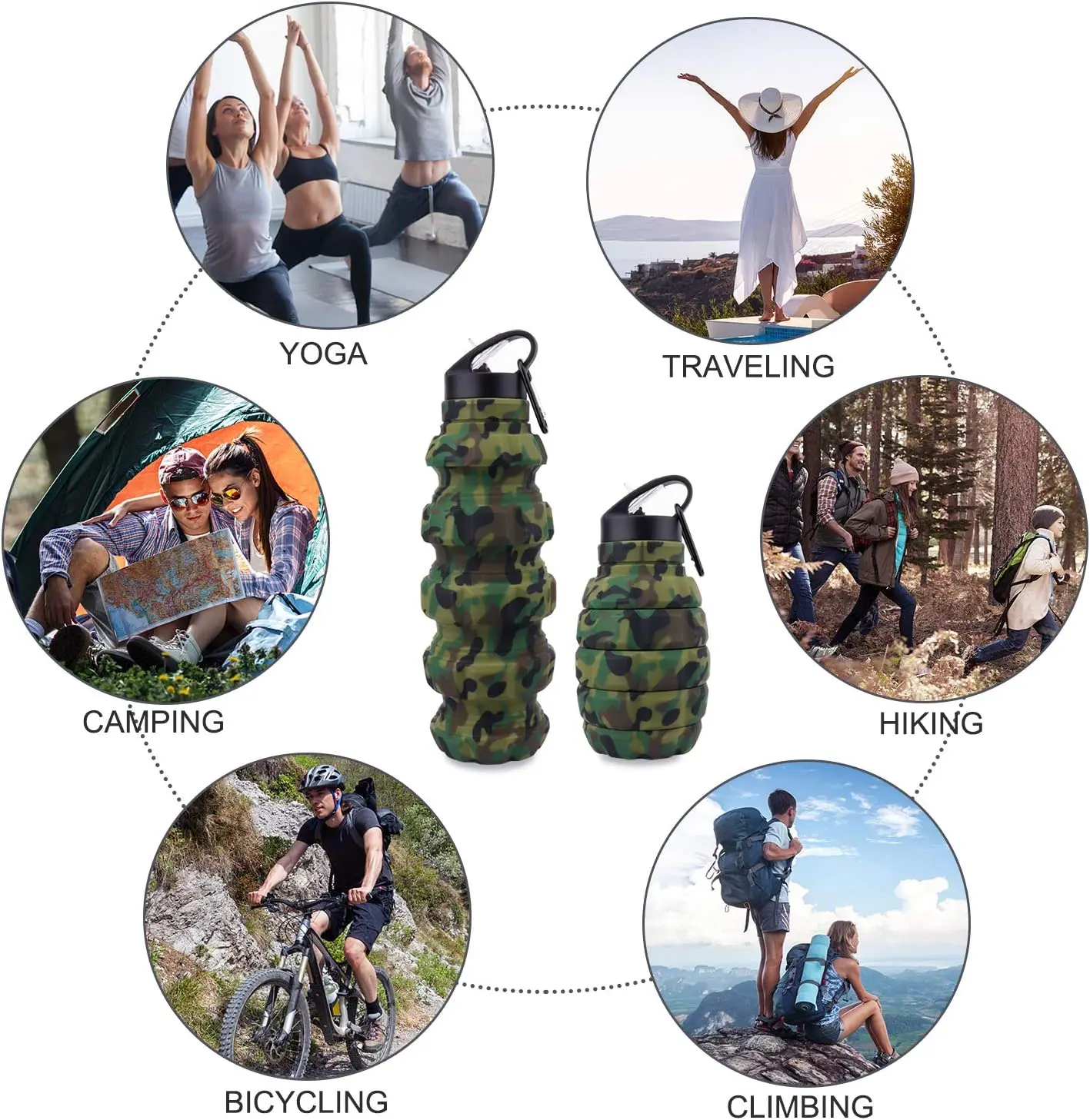 Collapsible Reuseable Silicone Water Bottles 18oz for Gym Camping Hiking