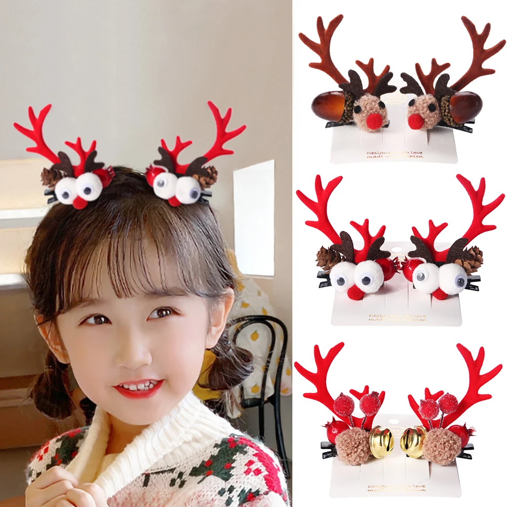 2Pcs/Set Christmas Antler Hair Clips Deer Ear Hairpin Xmas Party Headband Festival Pine Bell Cones Ball Hairgrip Kid Accessories 5pcs pack 4 8cm natural pine round unfinished wood slices circles with tree bark log discs diy crafts wedding party painting diy