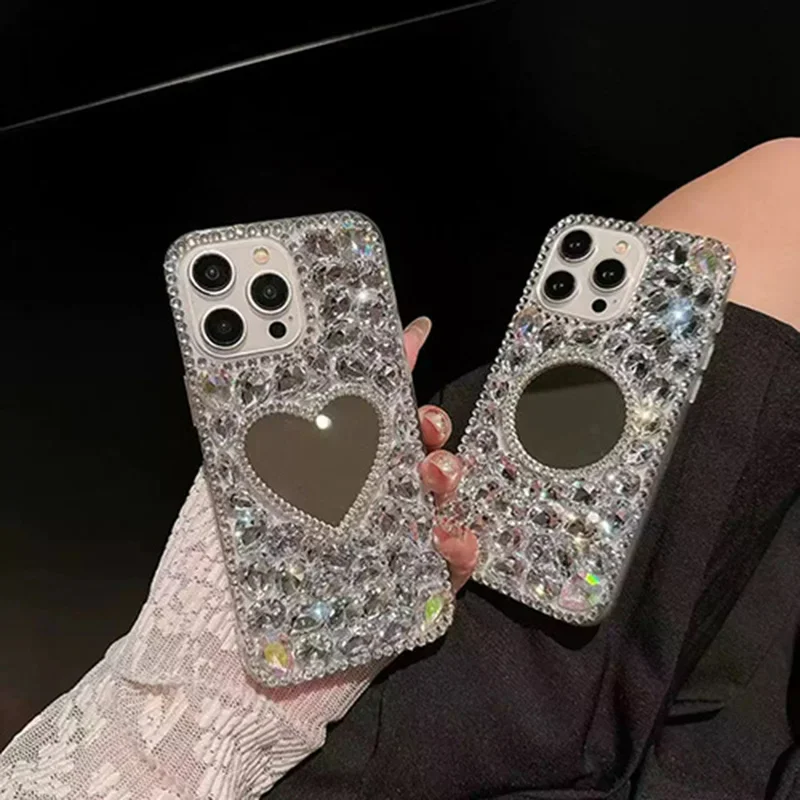 Enhanced Product Title: Elegant Rhinestone Mirror Case with Crystal Bling Design