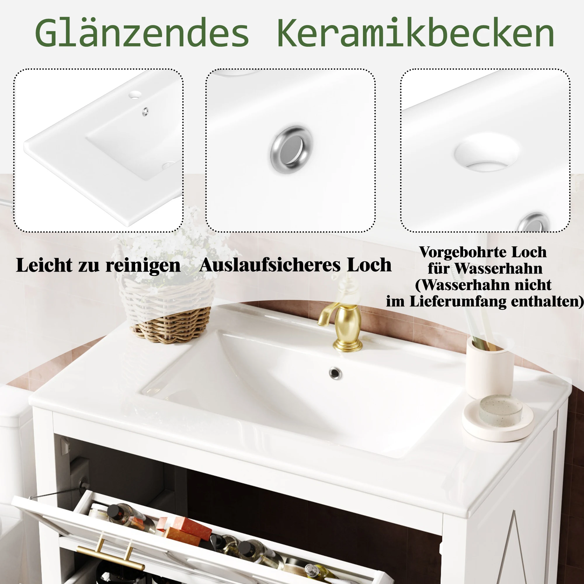 Waschtischunterschrank 81cm mit Keramikbecken Badmöbel Weiß 3 Schubladen Soft Close freistehend Retro Design – Detail 2