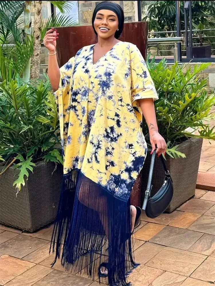 Wmstar Women Dresses Loose Sex Print V Neck Short Sleeve Tassel Nightclub Party Dress Wholesale Dropshipping one size