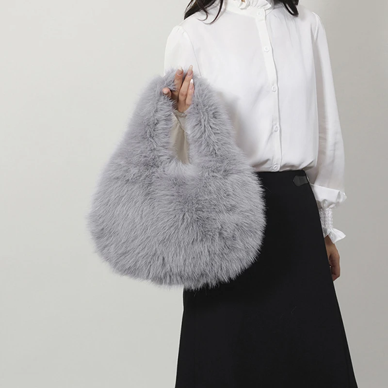 Neue Mode Weiche Plüsch Top Griff Taschen Frauen Designer Handgelenk Knoten Flauschigen Faux Pelz Dame Handtaschen Luxus Kleine Tote Weibliche Brieftasche – Detail 16