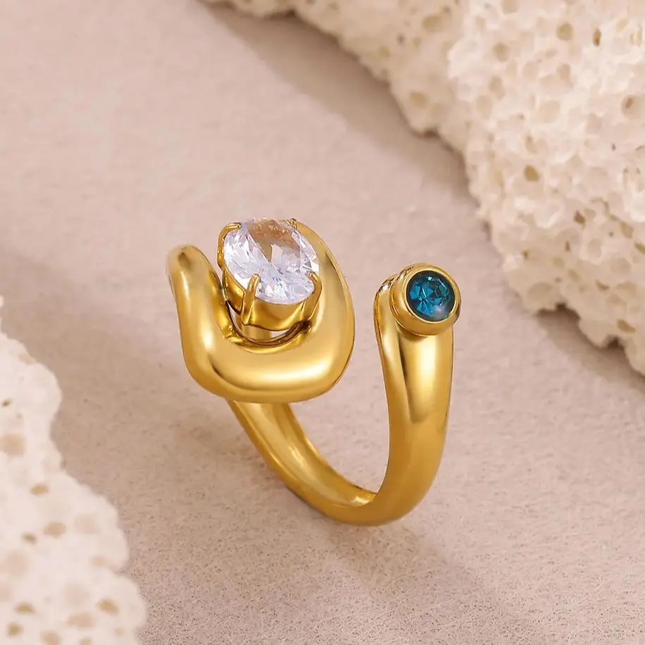 Zircon Snake-Shape Rings 18K Gold Plated Stainless Steel Geometric for Women