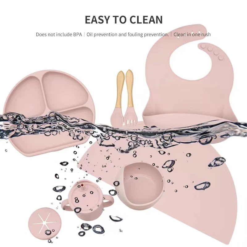 Food Grade Silicone Feeding Set Drop Resistant Suction Cup Integrated Divider Plate Bowl Fork Spoon Bib Cup Auxiliary Food Bowl 6 PCS silicone feeding set