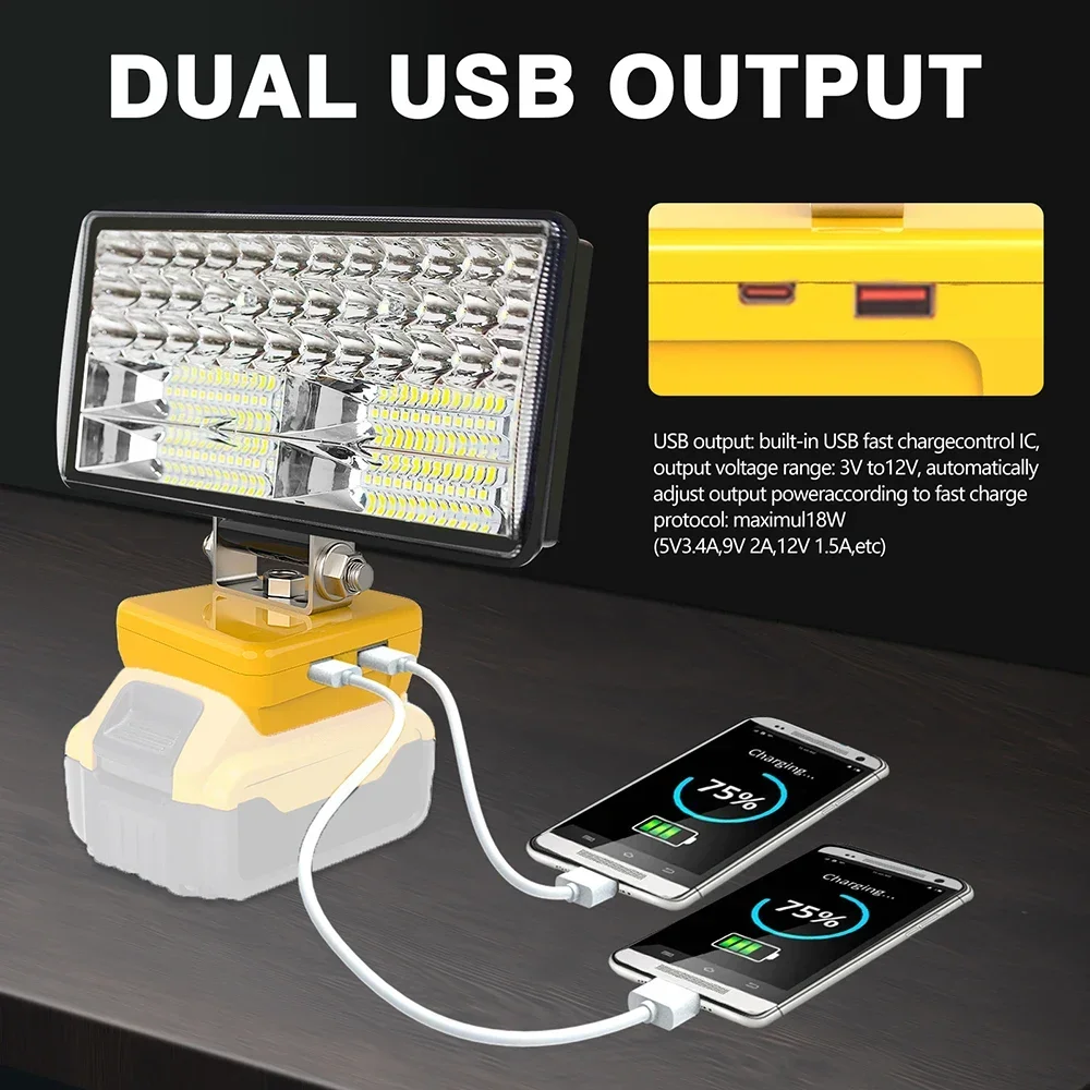 LED Flashlight LED Work Light Work Light 8 Inch Car LED Working Light Flashlight Electric Torch Spotlights for Dewalt DCB206 18V 20V Li-ion Battery Type C USB Power Bank