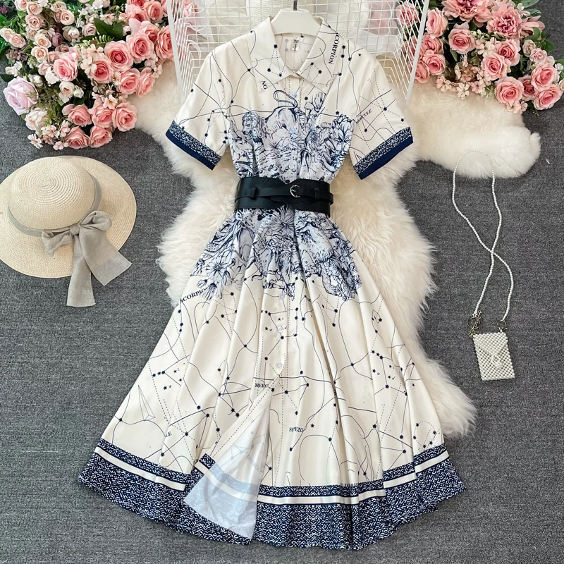 

Women's Spring Summer Short Sleeve Print Dress Female High Waist Chic Party Long A-line Vacation Dress TB581