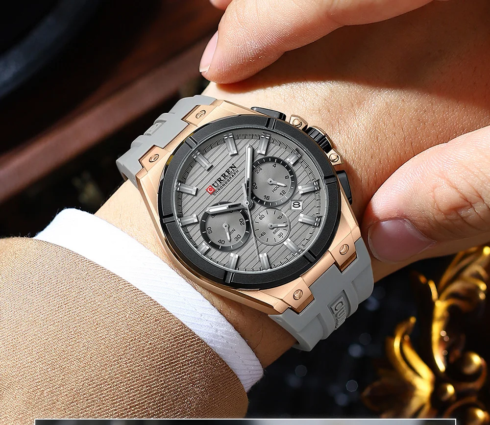 CURREN Moder Design 43mm Watch for Men with 3 Sub-Dials Quartz Movement Casaul Silicone Strap Wristwatch Luminous Hands and Date