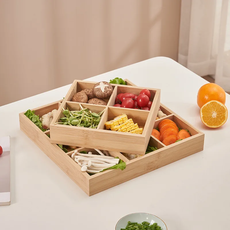 Hot selling Rectangular 6-compartment food tray & square 9 grid wood tableware snack plate sauce platter hot pot restaurant tray 3