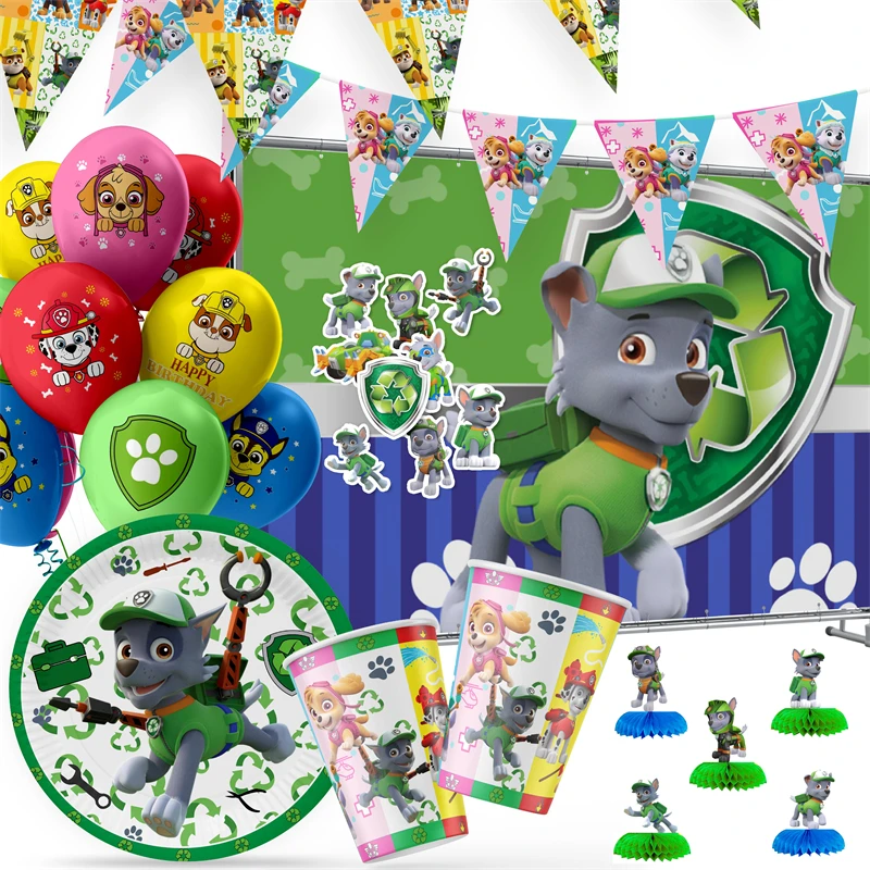 

New Paw Patrol Rocky Theme Birthday Party Supplies Disposable Dogs Tableware Paper Plate Balloon Kid Boy Decor Baby Shower Toys