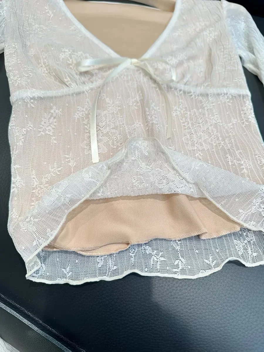Korean Fashion Crop Top y2k Aesthetic Sweet Lace Patchwork Long Sleeve T Shirt with Bow 2000s Women Clothes Streetwear