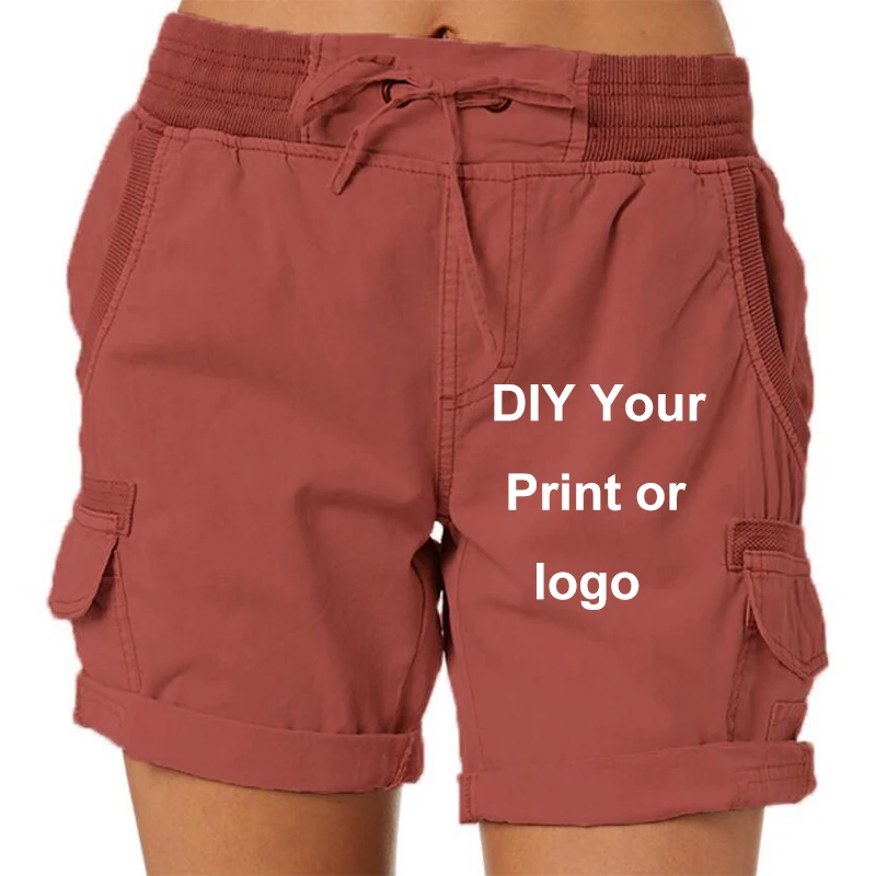 Women Logo Customized Shorts Elastic Cotton Linen Pocket Shorts Summer Beach Solid Color Sliming Comfot Breathable