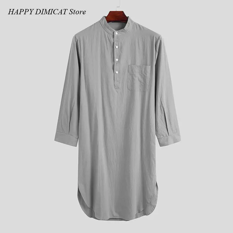Solid Color Sleep Robe Leisure Men\'s Stand Collar Muslim Nightgown Home Wear Long Sleeve Pocket Buttons Down
