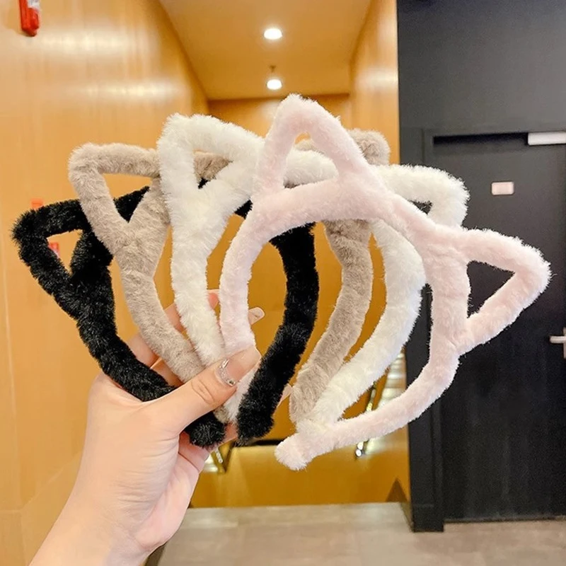 1pc hohle katze ohren haarband mädchen herz haarnadel nette plüsch stirnband waschen gesicht maske haarband haar krawatte clip