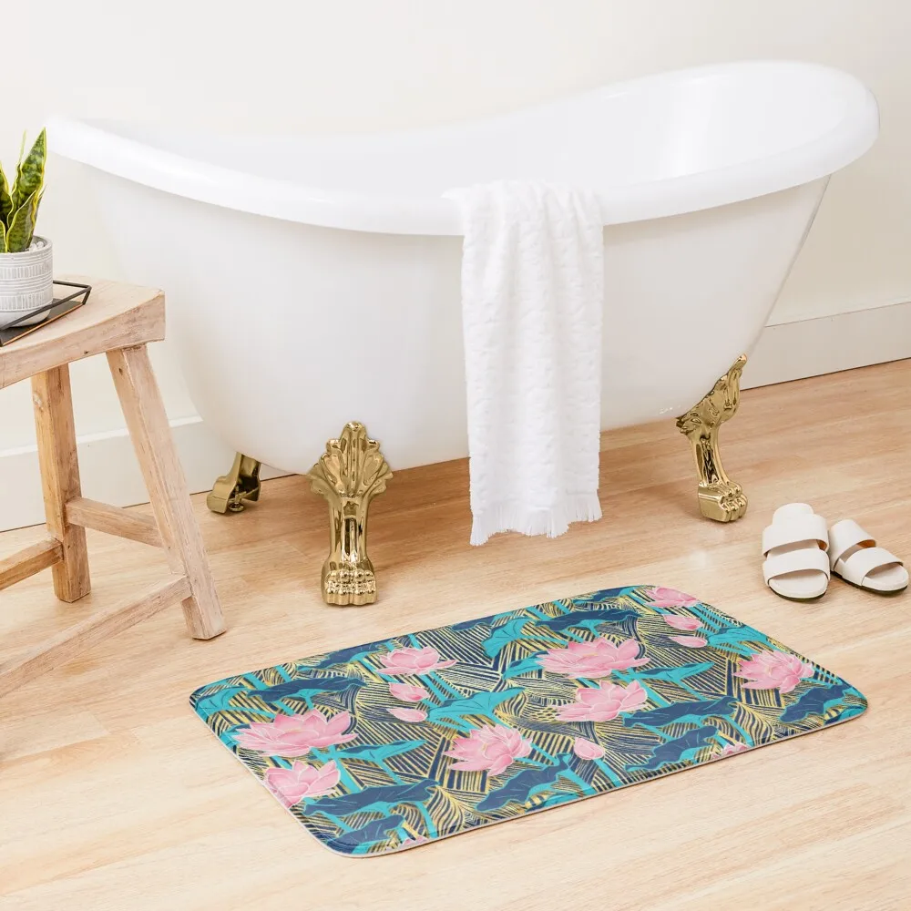 

Art Deco Lotus Flowers in Pink & Navy Bath Mat Bathroom Rugs