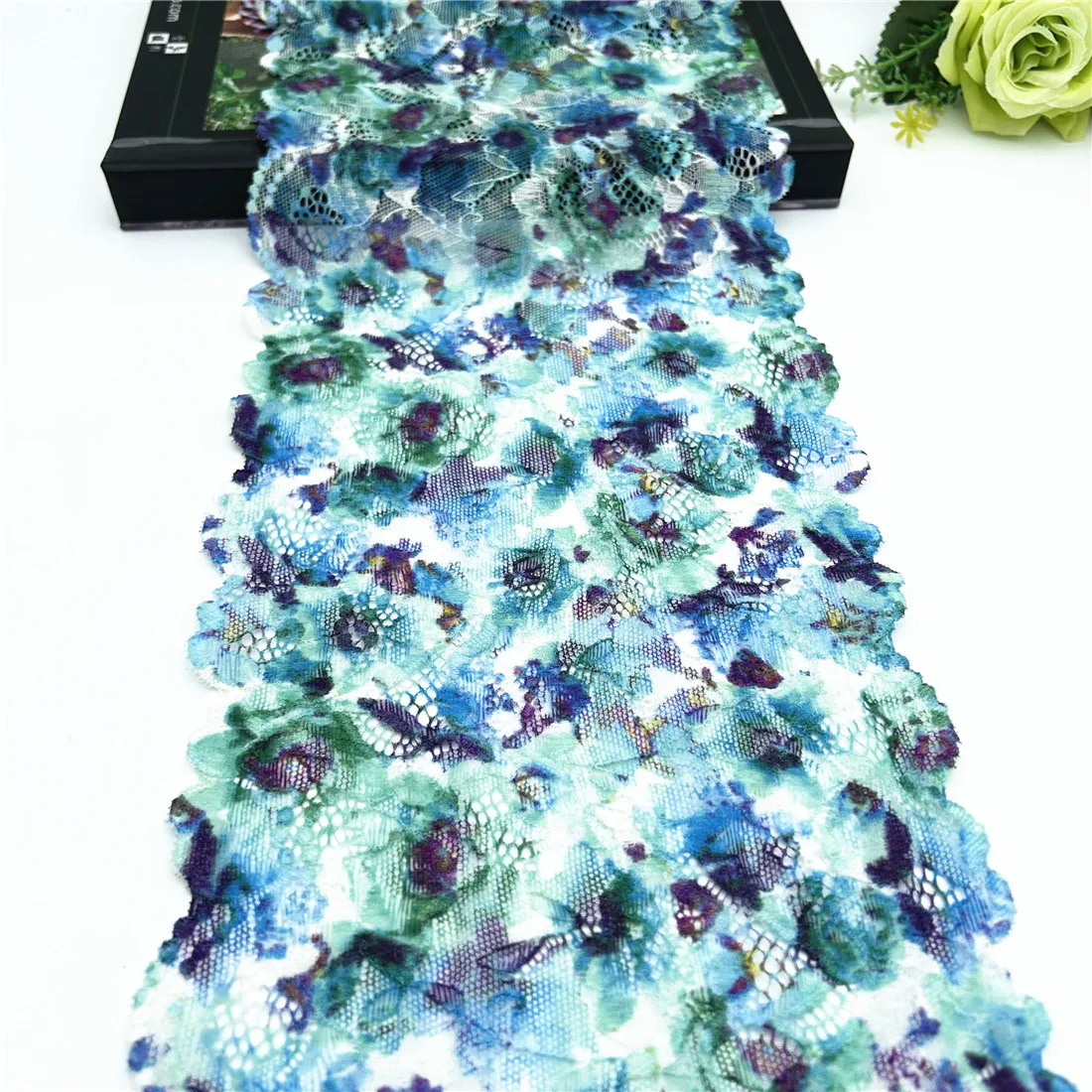 3y/lot Width18cm Blue Green Printed Elastic Stretch Lace Trim 1