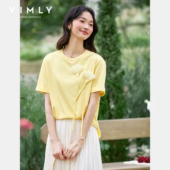 VIMLY Summer Yellow Short Sleeve T-shirt Woman 2025 Fashion Handmade 3D Floral Round Neck Cotton T Shirts Women Clothing A1519 1