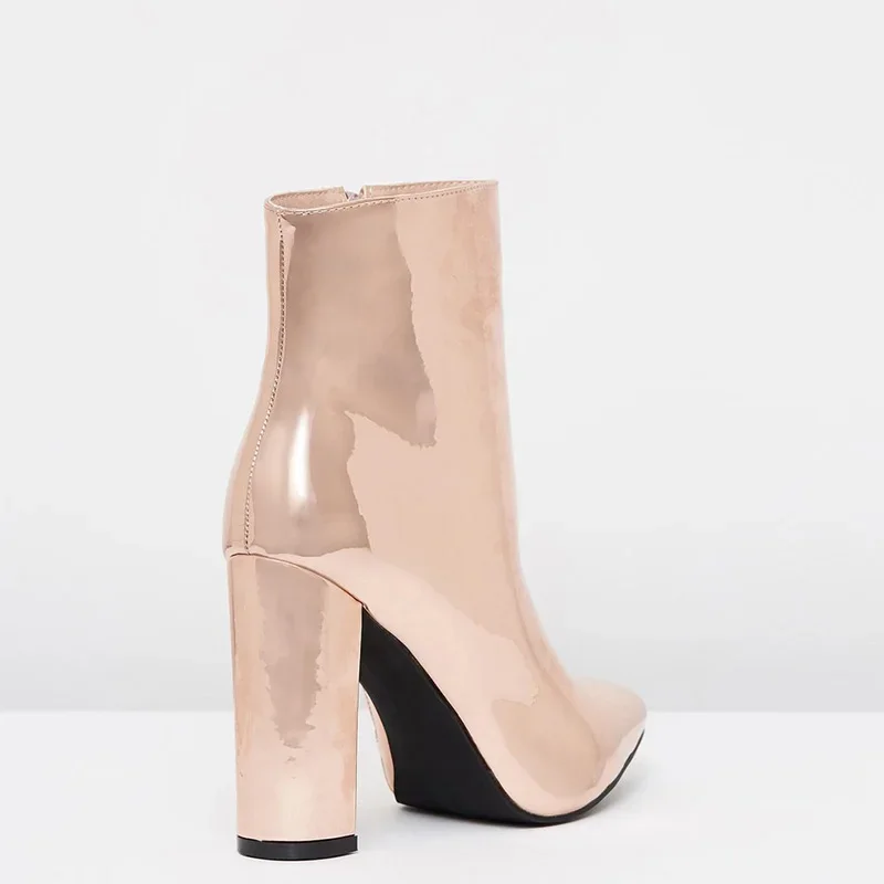 

Shofoo Metallic Rose Gold Ankle Boots Chunky Heels Zipper Square Toe Patent Leather Mature Fashion Ladies Shoes Large Size 13 15