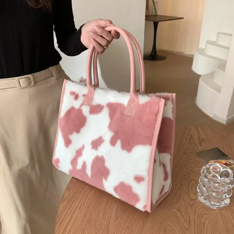 Winter Faux Fur Leopard Print Designer Shopper Totes Fashion Soft Plush Women Shoulder Bags Large Capacity Handbags And Purse