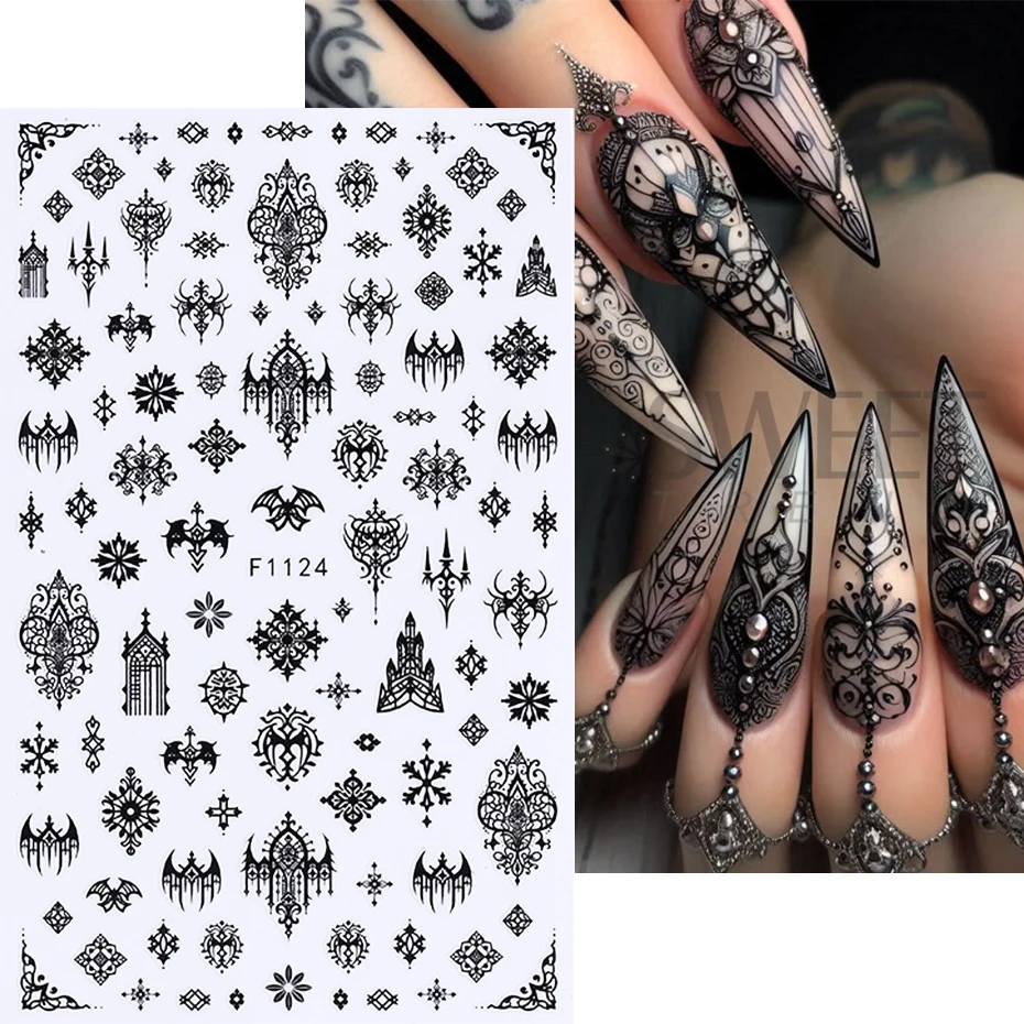 5pcs Gothic Black Nail Stickers Elegant Wedding Laced Designs Halloween Castle Skull Wings Adhesive Foils Sliders Manicure Decor