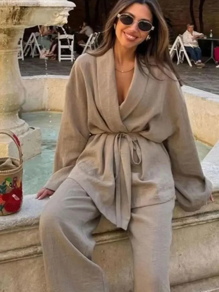 HH Women Loose Wide Leg Pant Set Fashion Lapel V Neck Long Sleeve Thin Blazer Coat With Belt 2024 Summer Ladies Solid Suit