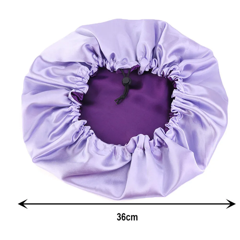 이중 레이어 보라색 새틴 수면 모자 편안한 나이트 헤어 프로텍터 뷰티 보닛 여성 펌 모자 여성 수면 모자