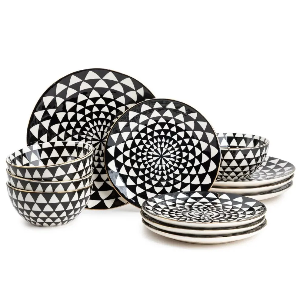 

12 Piece Dinnerware Set Plates Sets for Home Dinner Set Dishes and Plate Set Black & White Medallion Stoneware