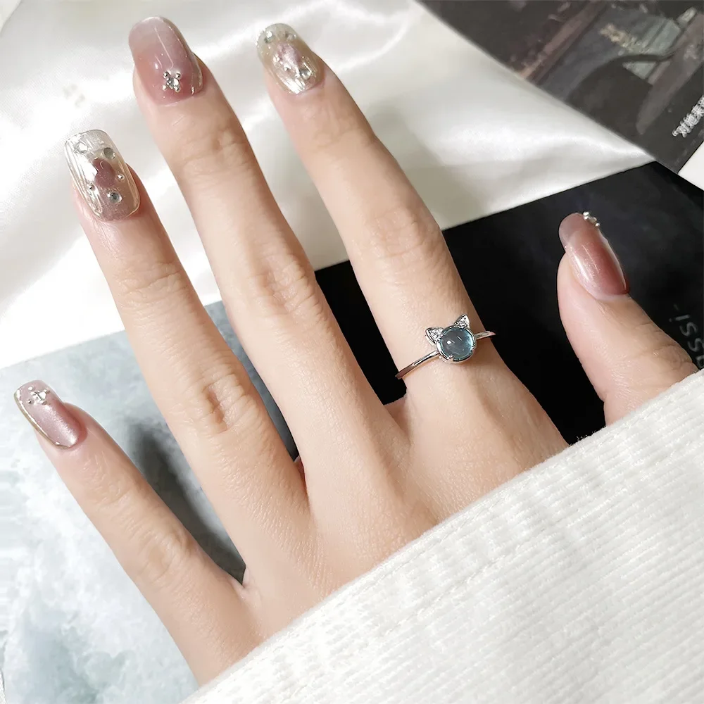 Sterling Silver Blue Imitation Crystal Cat Adjustable Finger Ring for Women Shiny Zircon Blue Cat Eye Stone Rings Серьги Женские