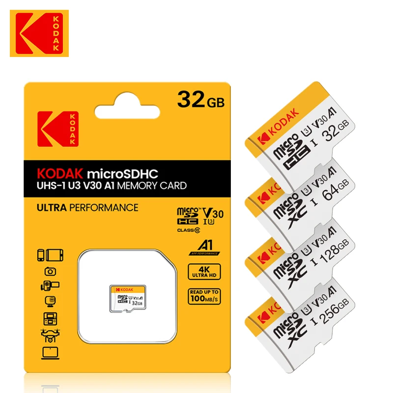KODAK 마이크로SD 메모리 카드, 카드 리더 어댑터 포함, PC용 마이크로SD, 클래스 10 U3, 128GB, 256GB, 최대 100 MB/s, 32GB, 64GB, TF 카드, 4K HD
