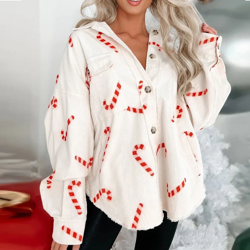 

Женский вельветовый кардиган на пуговицах, элегантная повседневная Рождественская куртка с длинными рукавами и карманами, Свободный кардиган с воротником с лацканами, верхняя одежда для зимы