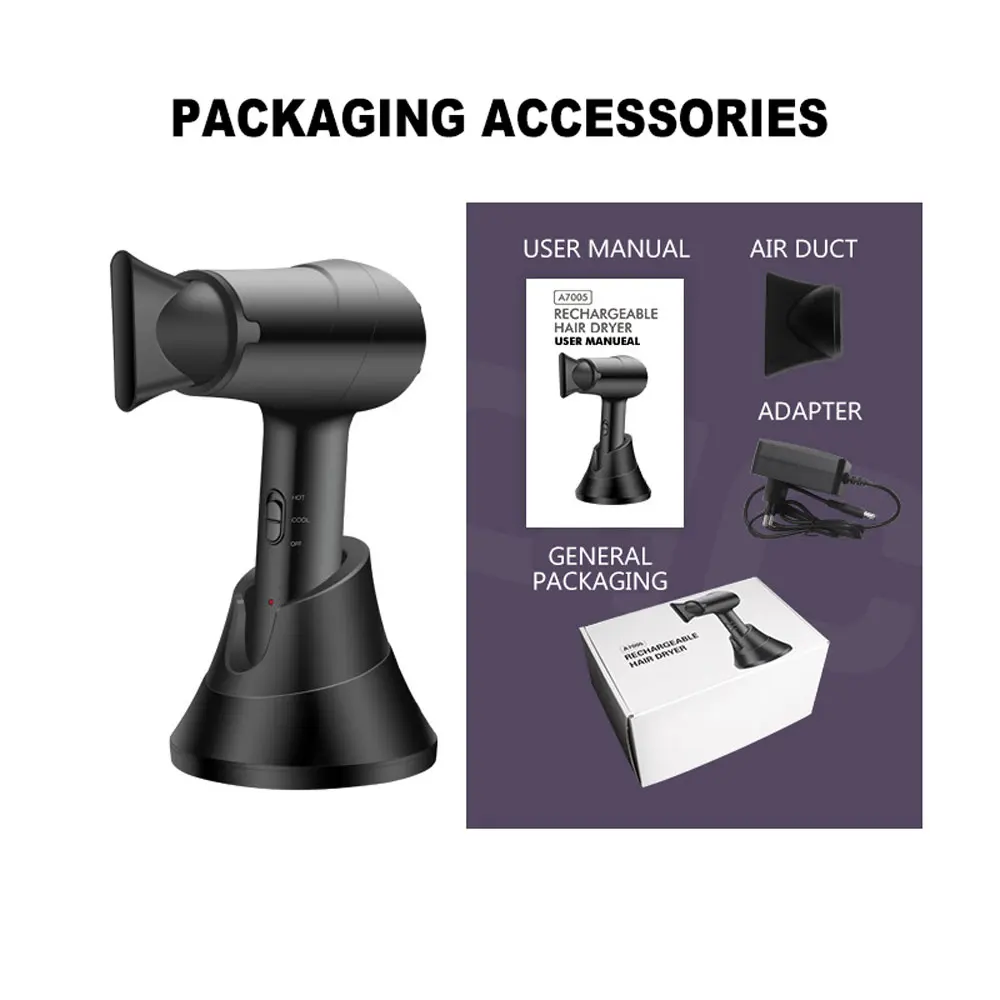 Portable Wireless Hair Dryer Household Rechargeable Wireless Hot/Cold Wind  Professional Blow Dryer Outdoor/Travel Negative Ions 5