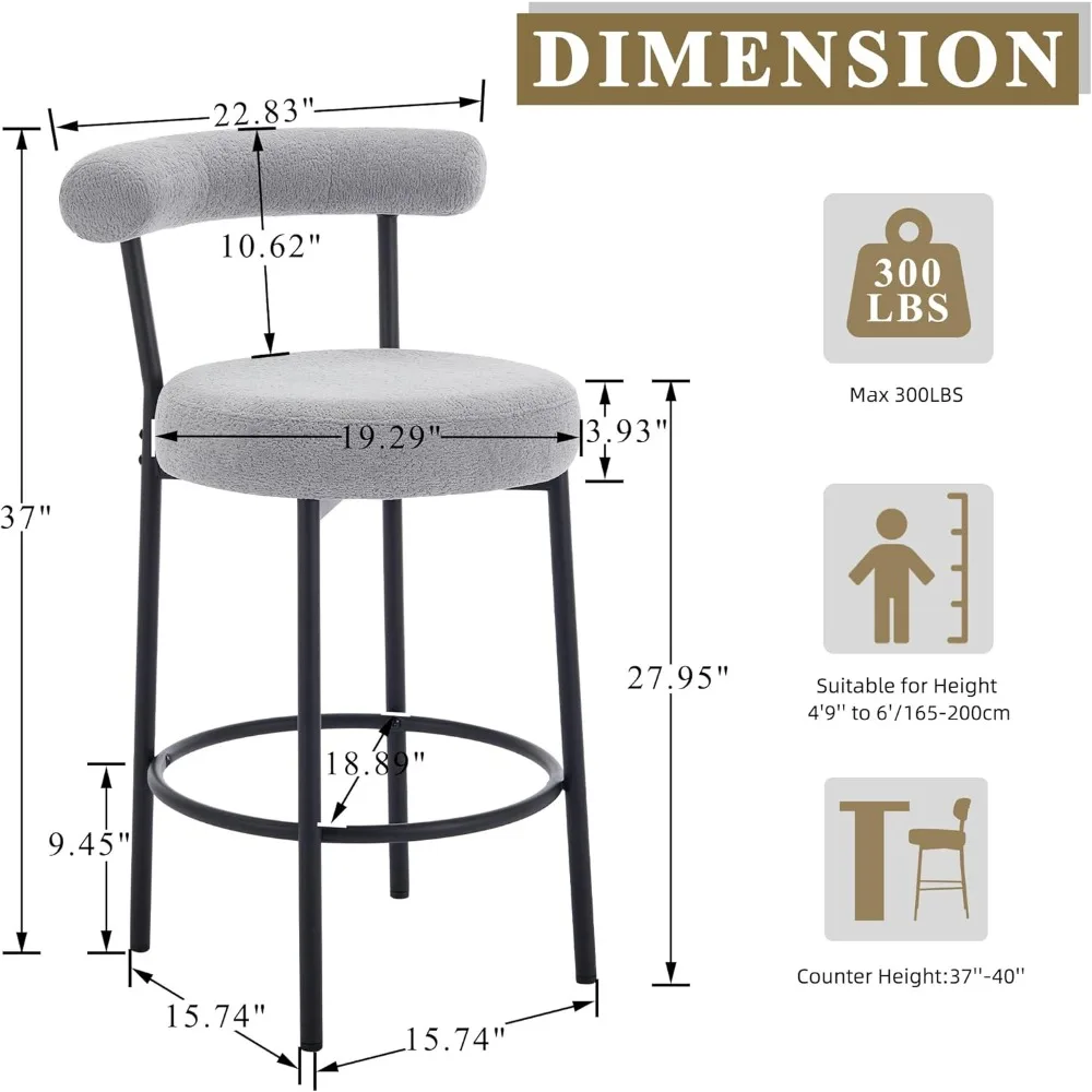 Bar Stools Set of 3, 28 Inches Counter Height Bar Stools with Curved Back, Modern Upholstered Fabric Grey Tall Barstools for 2