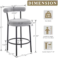 Bar Stools Set of 3, 28 Inches Counter Height Bar Stools with Curved Back, Modern Upholstered Fabric Grey Tall Barstools for 2