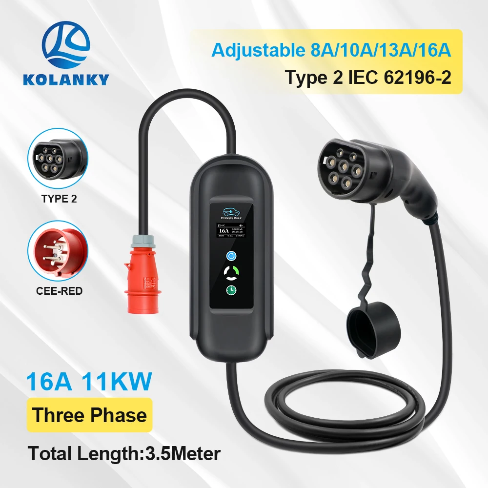 Caricabatterie Portatile 11Kw 16A Ev Type2 Iec62196-2 Caricatore Di Corrente Regolabile Per Veicoli Elettrici Evse Wallbox Con Spina Cee 3.5M